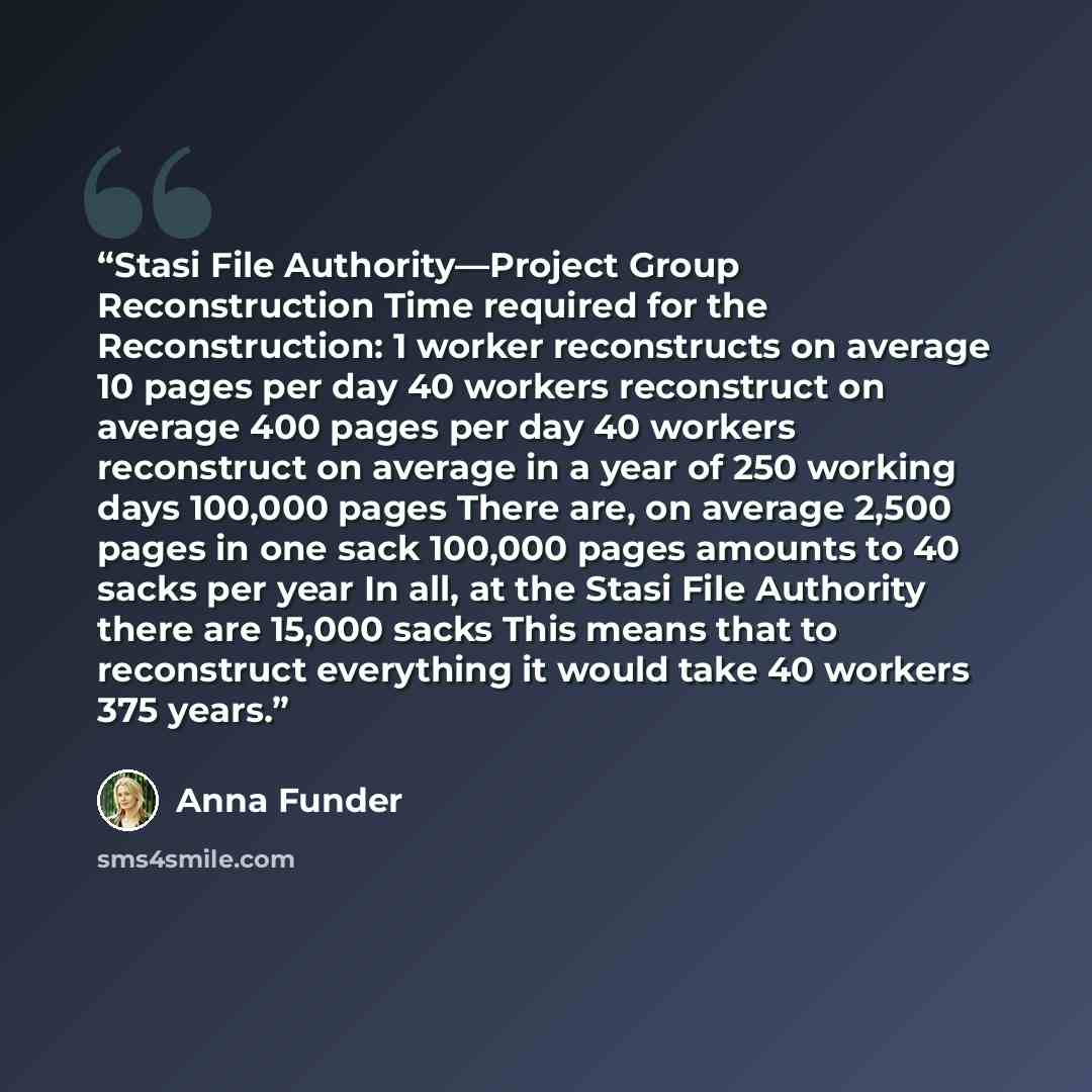 “Stasi File Authority—Project Group Reconstruction Time required for the Reconstruction: 1 worker reconstructs on average 10 pages per day 40 workers reconstruct on average 400 pages per day 40 workers reconstruct on average in a year of 250 working days 100,000 pages There are, on average 2,500…” quote by Anna Funder