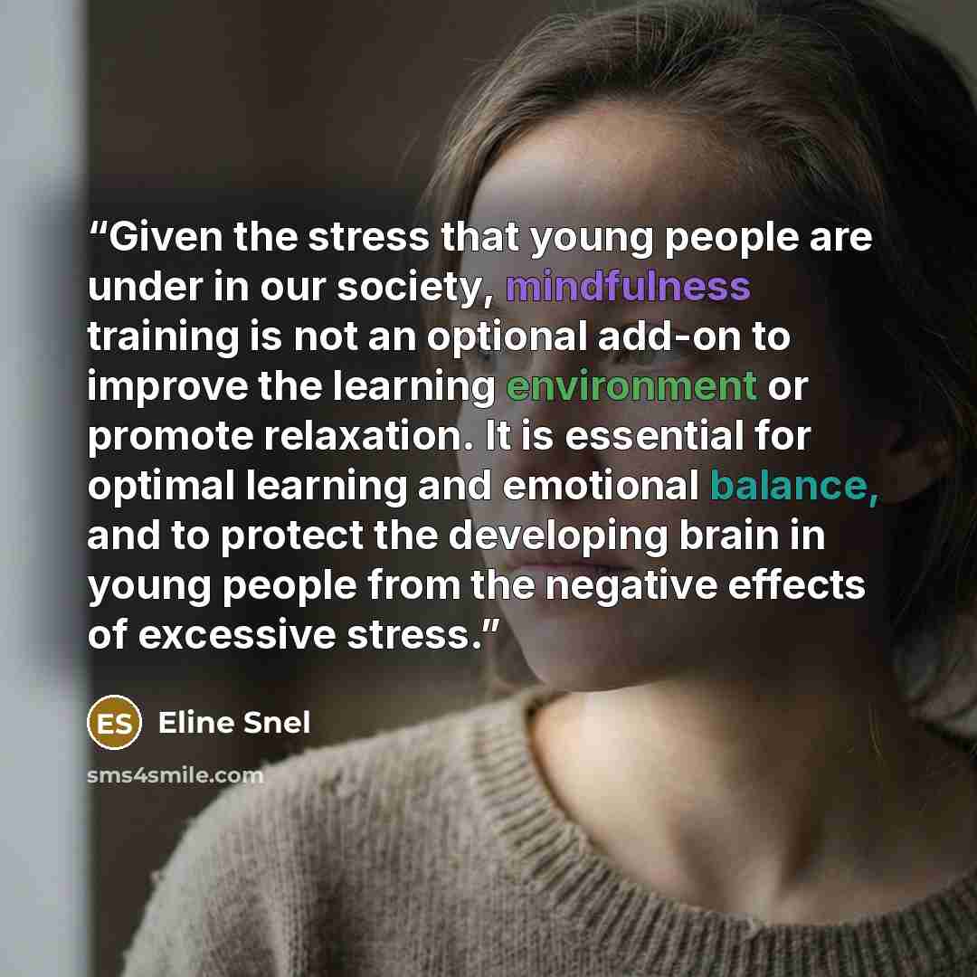 “Given the stress that young people are under in our society, mindfulness training is not an optional add-on to improve the learning environment or promote relaxation. It is essential for optimal learning and emotional balance, and to protect the developing brain in young people from the negative…” quote by Eline Snel
