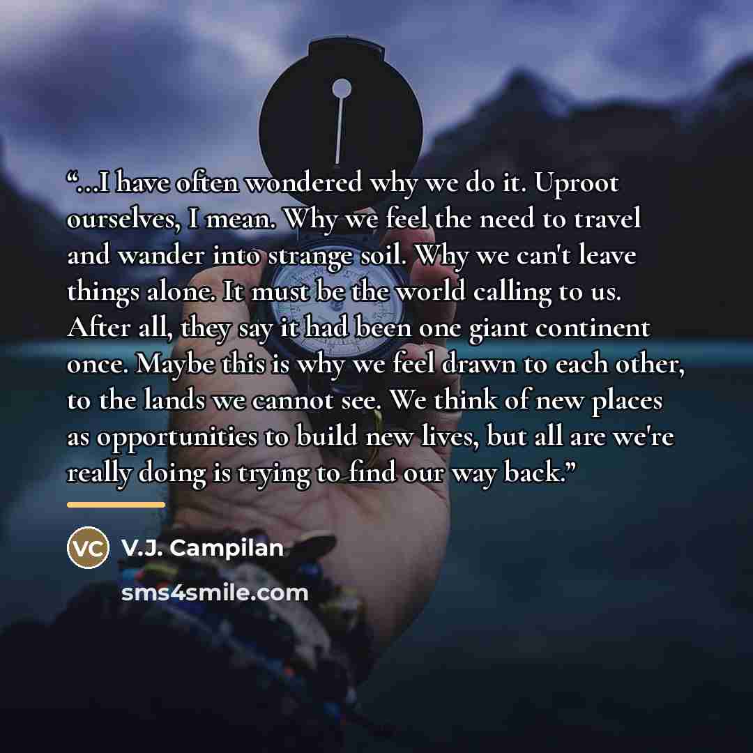“...I have often wondered why we do it. Uproot ourselves, I mean. Why we feel the need to travel and wander into strange soil. Why we can't leave things alone. It must be the world calling to us. After all, they say it had been one giant continent once. Maybe this is why we feel drawn to each…” quote by V.J. Campilan