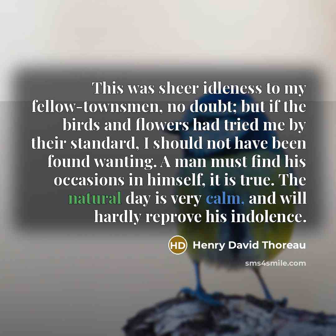 “This was sheer idleness to my fellow-townsmen, no doubt; but if the birds and flowers had tried me by their standard, I should not have been found wanting. A man must find his occasions in himself, it is true. The natural day is very calm, and will hardly reprove his indolence.” quote by Henry David Thoreau