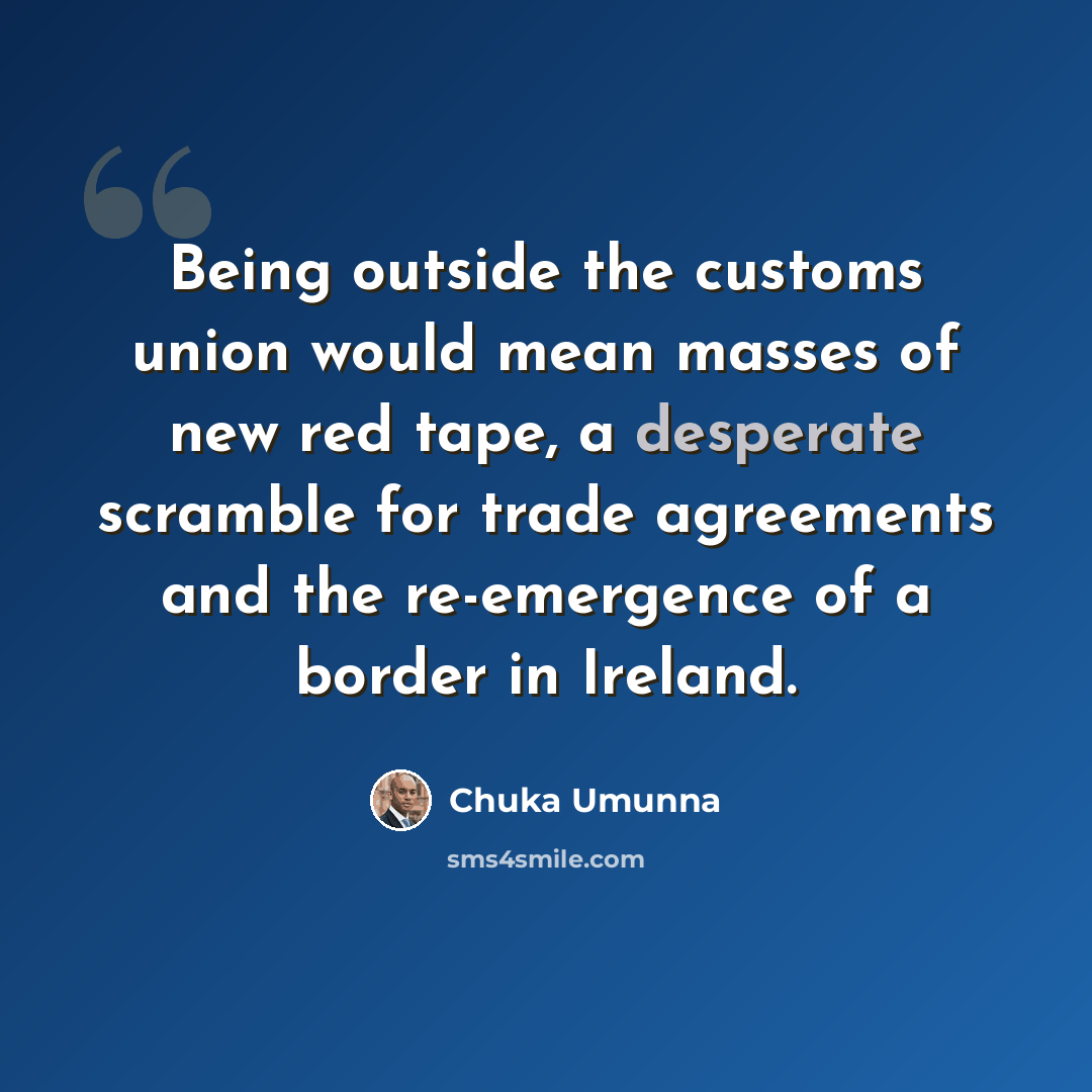 “Being outside the customs union would mean masses of new red tape, a desperate scramble for trade agreements and the re-emergence of a border in Ireland.” quote by Chuka Umunna