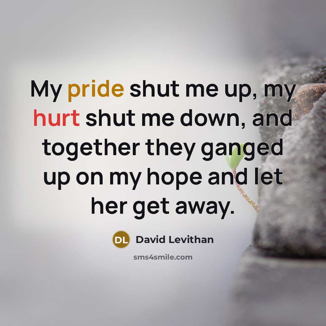 “My pride shut me up, my hurt shut me down, and together they ganged up on my hope and let her get away.” quote by David Levithan