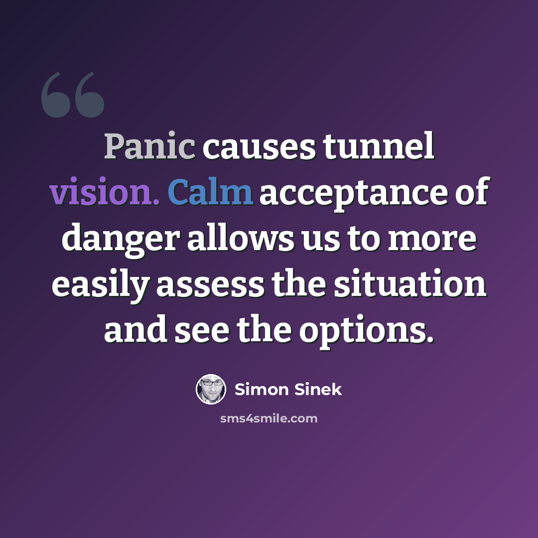 “Panic causes tunnel vision. Calm acceptance of danger allows us to more easily assess the situation and see the options.” quote by Simon Sinek