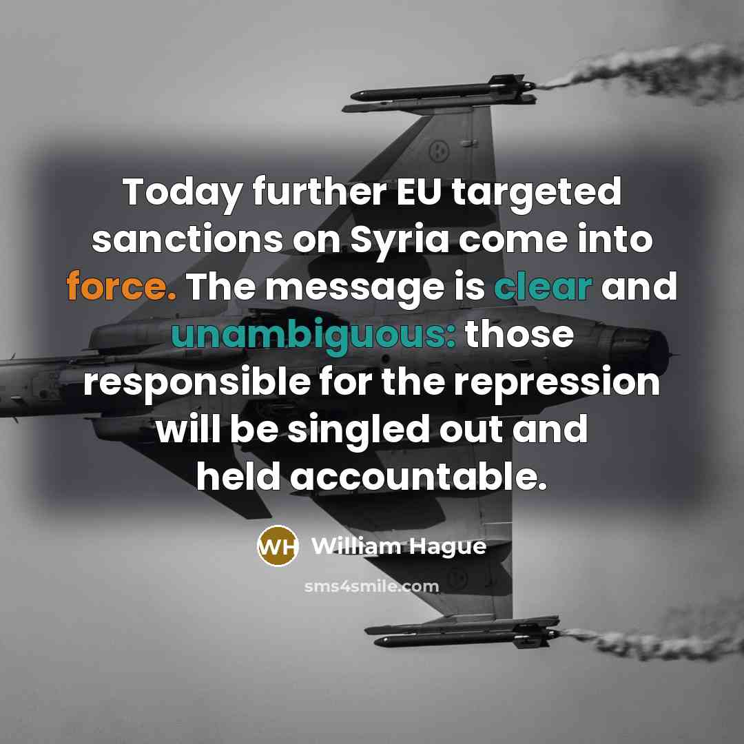 “Today further EU targeted sanctions on Syria come into force. The message is clear and unambiguous: those responsible for the repression will be singled out and held accountable.” quote by William Hague