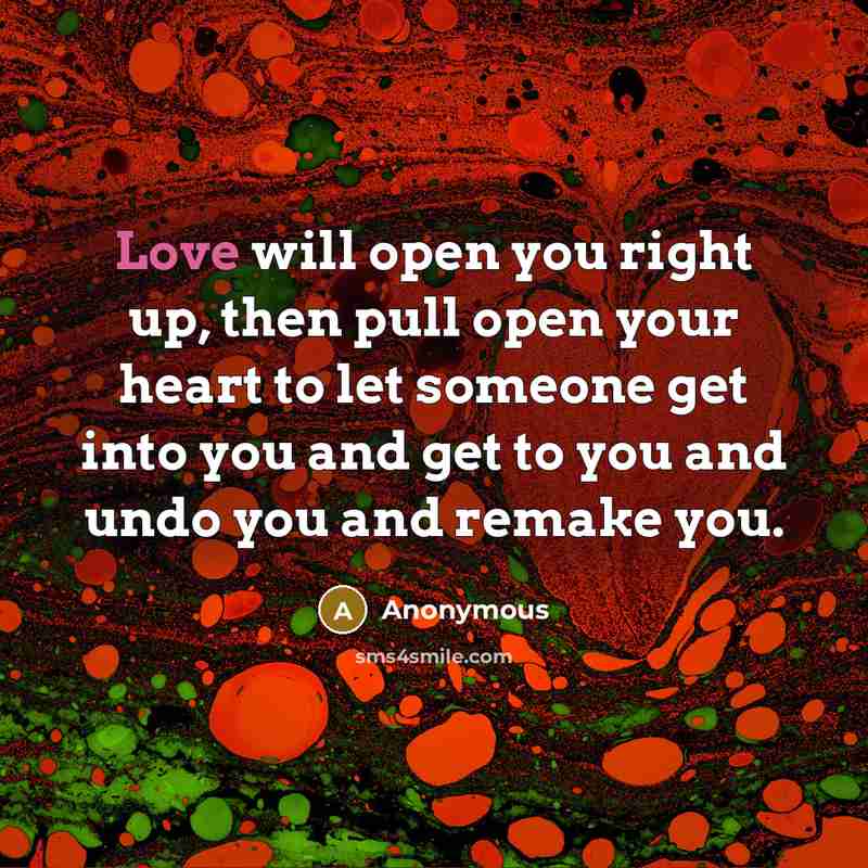 “Love will open you right up, then pull open your heart to let someone get into you and get to you and undo you and remake you.” quote by Anonymous