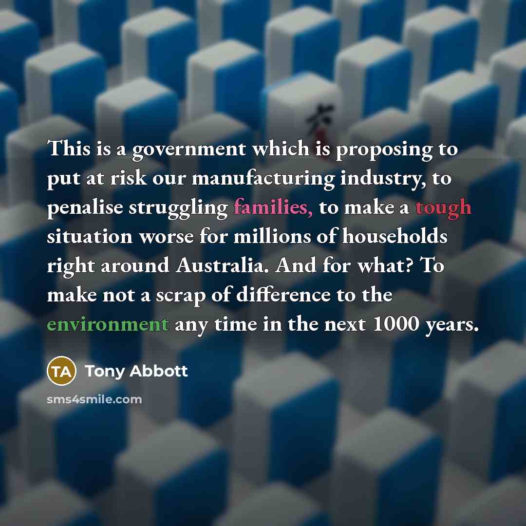 “This is a government which is proposing to put at risk our manufacturing industry, to penalise struggling families, to make a tough situation worse for millions of households right around Australia. And for what? To make not a scrap of difference to the environment any time in the next 1000 years.” quote by Tony Abbott