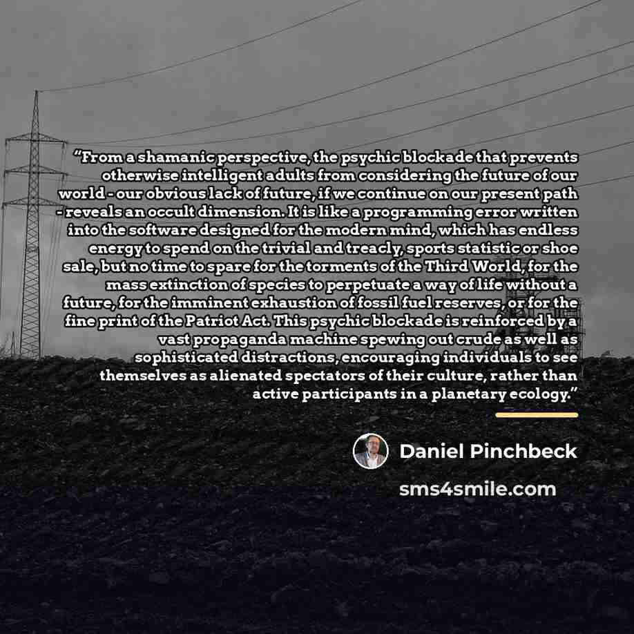 “From a shamanic perspective, the psychic blockade that prevents otherwise intelligent adults from considering the future of our world - our obvious lack of future, if we continue on our present path - reveals an occult dimension. It is like a programming error written into the software designed…” quote by Daniel Pinchbeck