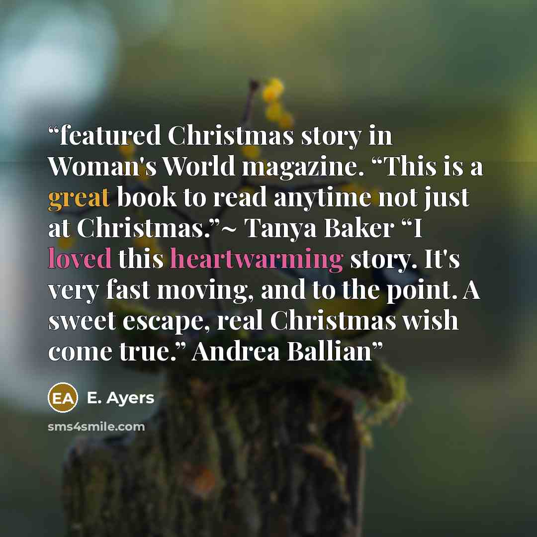 “featured Christmas story in Woman's World magazine. “This is a great book to read anytime not just at Christmas.”~ Tanya Baker “I loved this heartwarming story. It's very fast moving, and to the point. A sweet escape, real Christmas wish come true.” Andrea Ballian” quote by E. Ayers