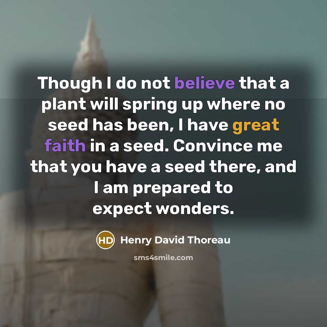 “Though I do not believe that a plant will spring up where no seed has been, I have great faith in a seed. Convince me that you have a seed there, and I am prepared to expect wonders.” quote by Henry David Thoreau