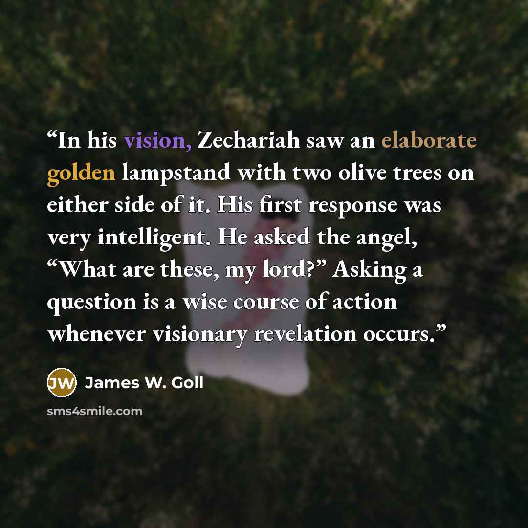 “In his vision, Zechariah saw an elaborate golden lampstand with two olive trees on either side of it. His first response was very intelligent. He asked the angel, “What are these, my lord?” Asking a question is a wise course of action whenever visionary revelation occurs.” quote by James W. Goll