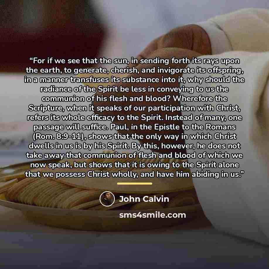 “For if we see that the sun, in sending forth its rays upon the earth, to generate, cherish, and invigorate its offspring, in a manner transfuses its substance into it, why should the radiance of the Spirit be less in conveying to us the communion of his flesh and blood? Wherefore the Scripture…” quote by John Calvin