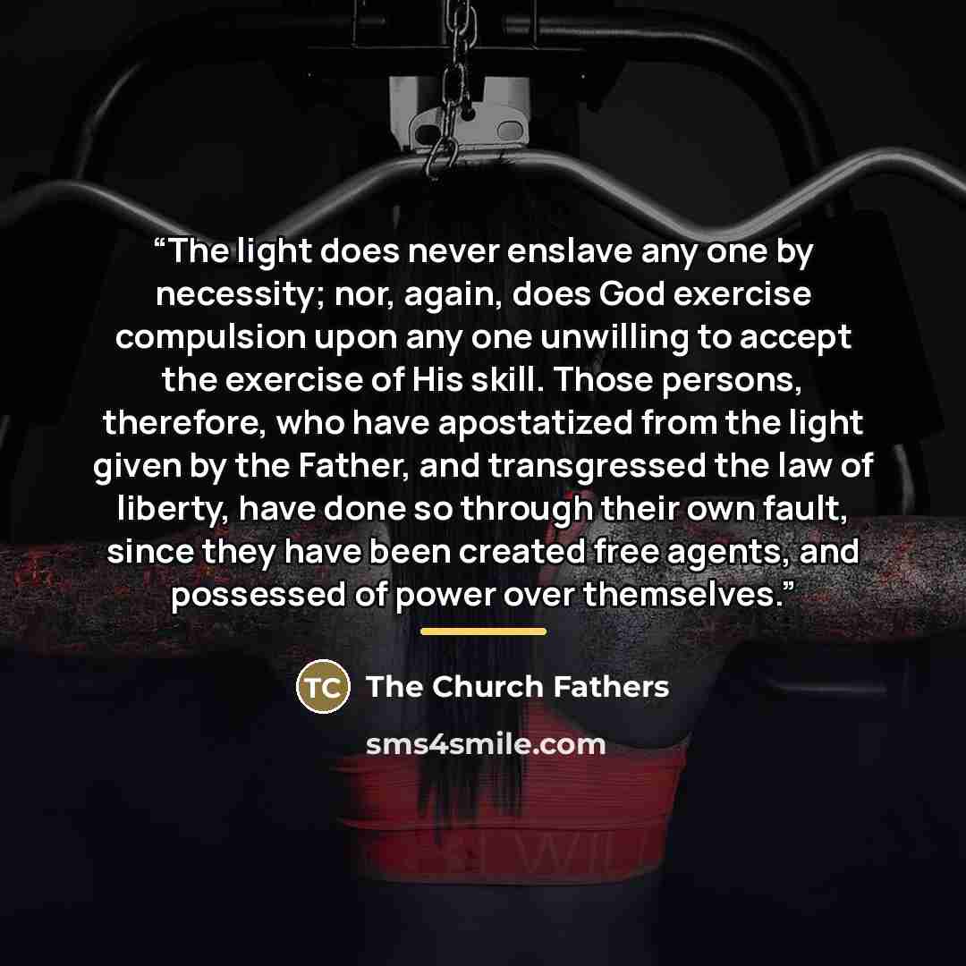 “The light does never enslave any one by necessity; nor, again, does God exercise compulsion upon any one unwilling to accept the exercise of His skill. Those persons, therefore, who have apostatized from the light given by the Father, and transgressed the law of liberty, have done so through their…” quote by The Church Fathers