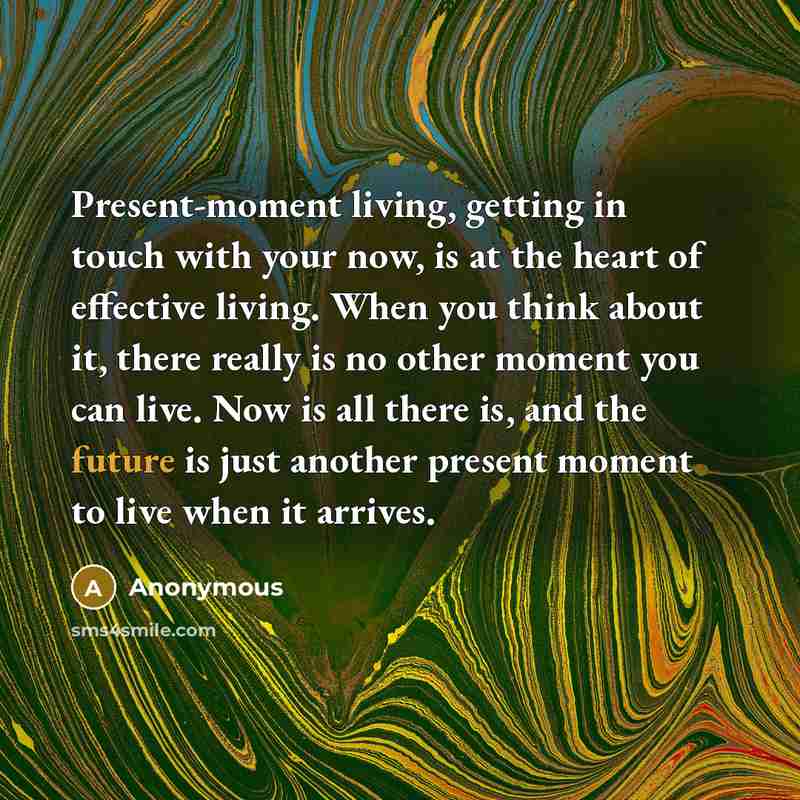 “Present-moment living, getting in touch with your now, is at the heart of effective living. When you think about it, there really is no other moment you can live. Now is all there is, and the future is just another present moment to live when it arrives.” quote by Anonymous