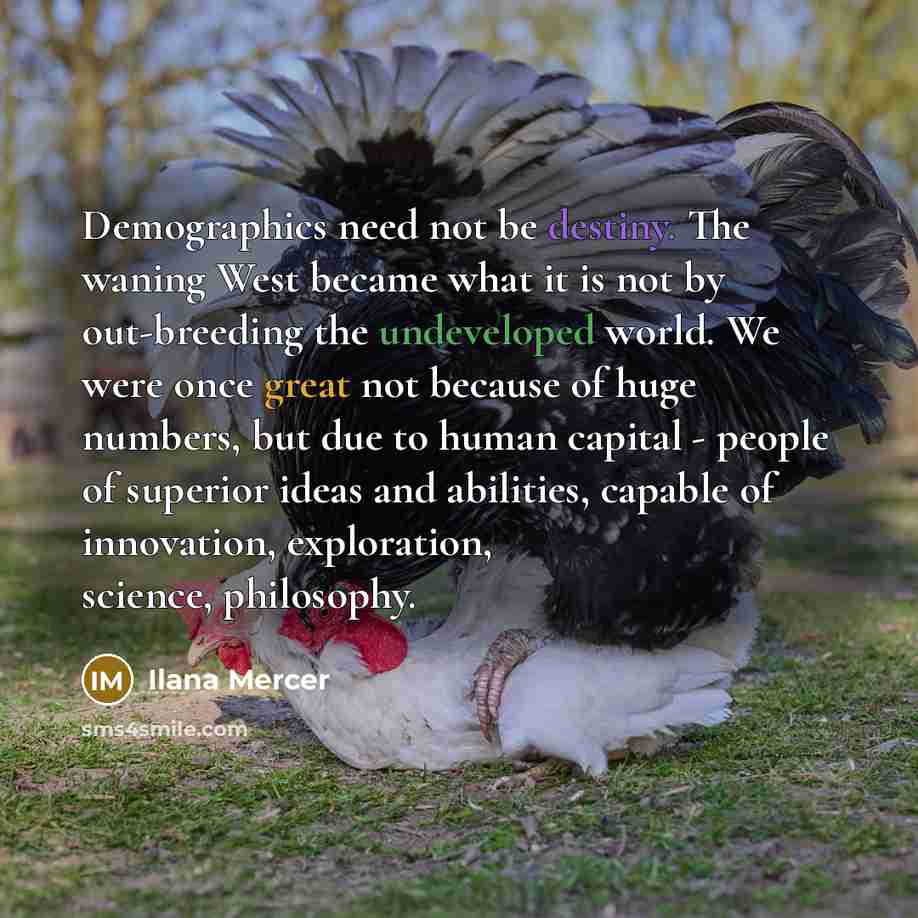 “Demographics need not be destiny. The waning West became what it is not by out-breeding the undeveloped world. We were once great not because of huge numbers, but due to human capital - people of superior ideas and abilities, capable of innovation, exploration, science, philosophy.” quote by Ilana Mercer