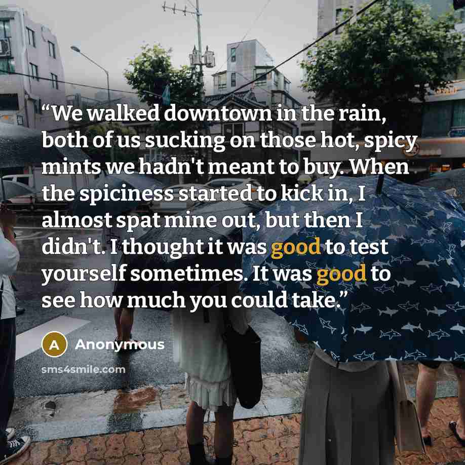 “We walked downtown in the rain, both of us sucking on those hot, spicy mints we hadn't meant to buy. When the spiciness started to kick in, I almost spat mine out, but then I didn't. I thought it was good to test yourself sometimes. It was good to see how much you could take.” quote by Anonymous