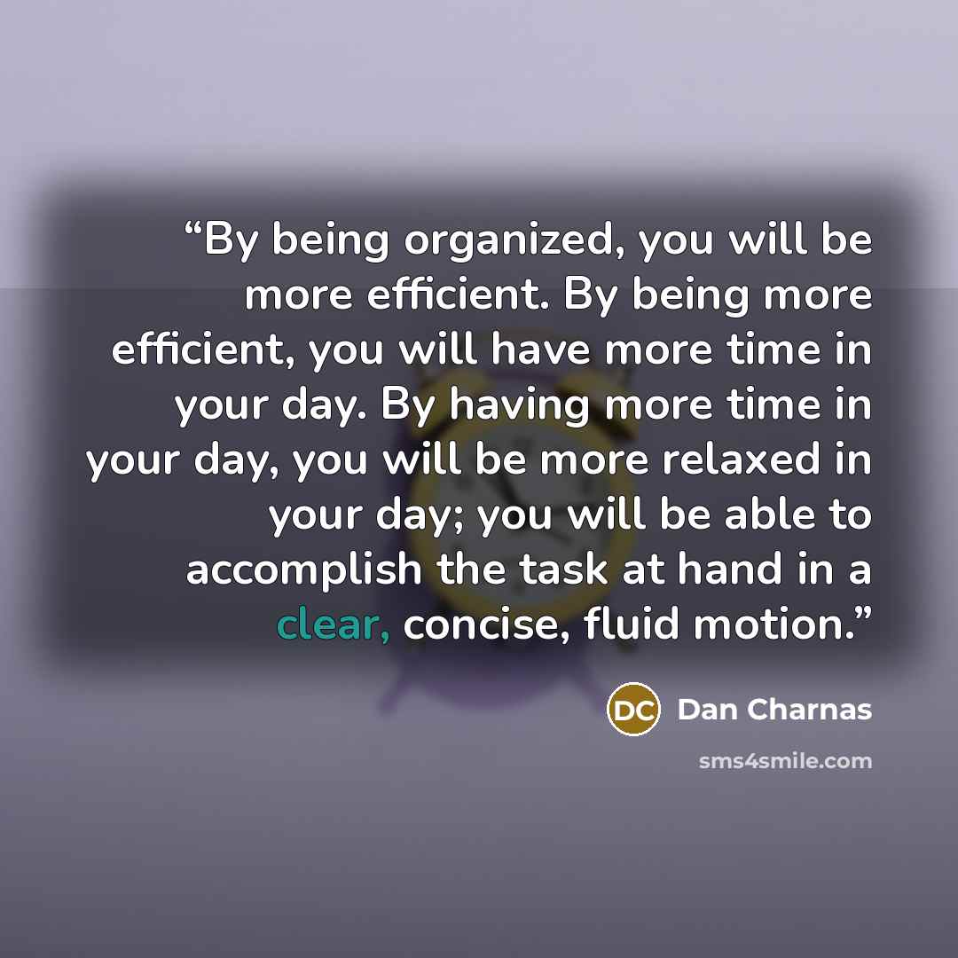 “By being organized, you will be more efficient. By being more efficient, you will have more time in your day. By having more time in your day, you will be more relaxed in your day; you will be able to accomplish the task at hand in a clear, concise, fluid motion.” quote by Dan Charnas