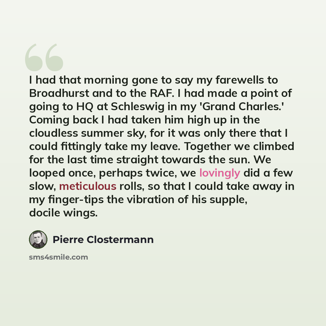 “I had that morning gone to say my farewells to Broadhurst and to the RAF. I had made a point of going to HQ at Schleswig in my 'Grand Charles.' Coming back I had taken him high up in the cloudless summer sky, for it was only there that I could fittingly take my leave. Together we climbed for the…” quote by Pierre Clostermann