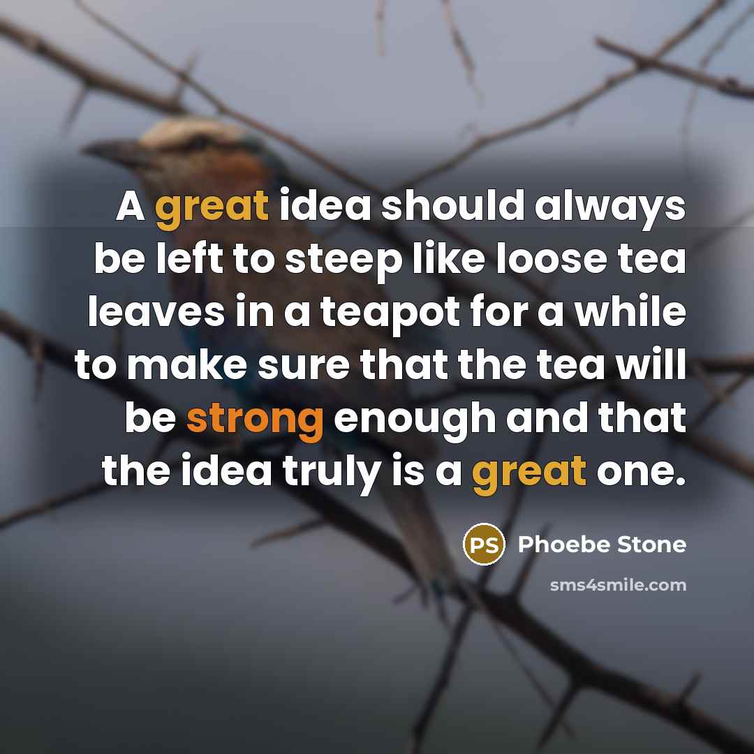 “A great idea should always be left to steep like loose tea leaves in a teapot for a while to make sure that the tea will be strong enough and that the idea truly is a great one.” quote by Phoebe Stone