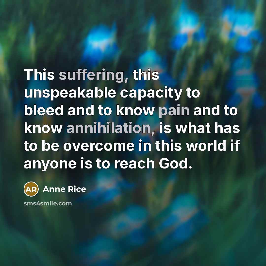 “This suffering, this unspeakable capacity to bleed and to know pain and to know annihilation, is what has to be overcome in this world if anyone is to reach God.” quote by Anne Rice