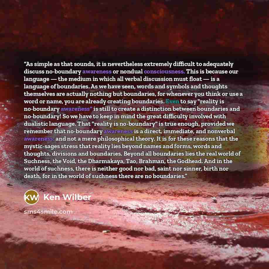 “As simple as that sounds, it is nevertheless extremely difficult to adequately discuss no-boundary awareness or nondual consciousness. This is because our language — the medium in which all verbal discussion must float — is a language of boundaries. As we have seen, words and symbols and thoughts…” quote by Ken Wilber