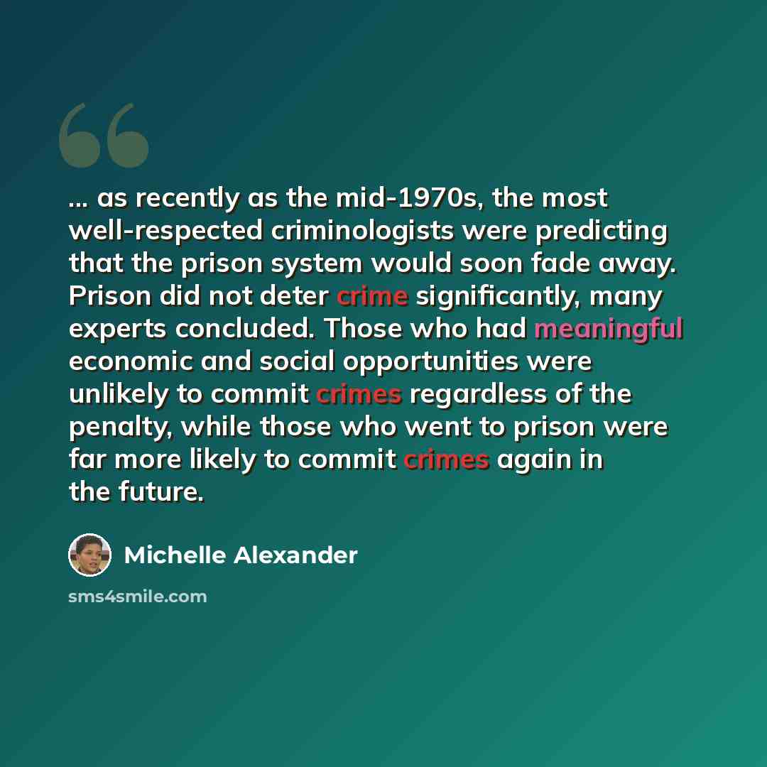 “... as recently as the mid-1970s, the most well-respected criminologists were predicting that the prison system would soon fade away. Prison did not deter crime significantly, many experts concluded. Those who had meaningful economic and social opportunities were unlikely to commit crimes…” quote by Michelle Alexander
