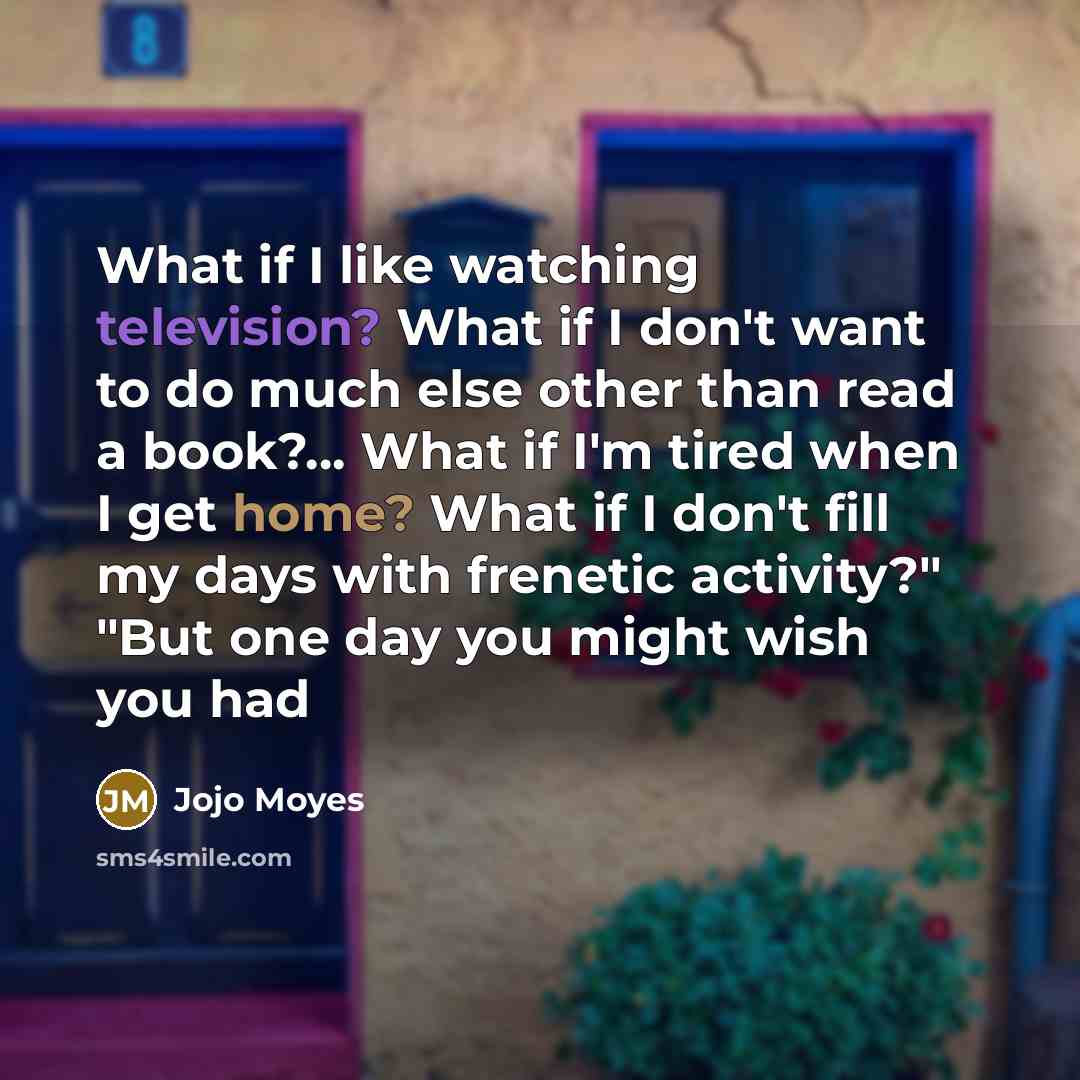 “What if I like watching television? What if I don't want to do much else other than read a book?... What if I'm tired when I get home? What if I don't fill my days with frenetic activity?" "But one day you might wish you had” quote by Jojo Moyes