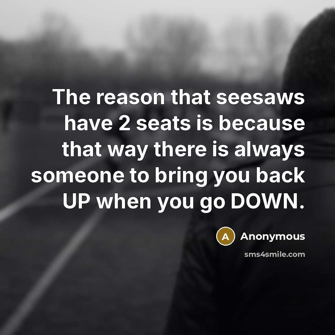 “The reason that seesaws have 2 seats is because that way there is always someone to bring you back UP when you go DOWN.” quote by Anonymous