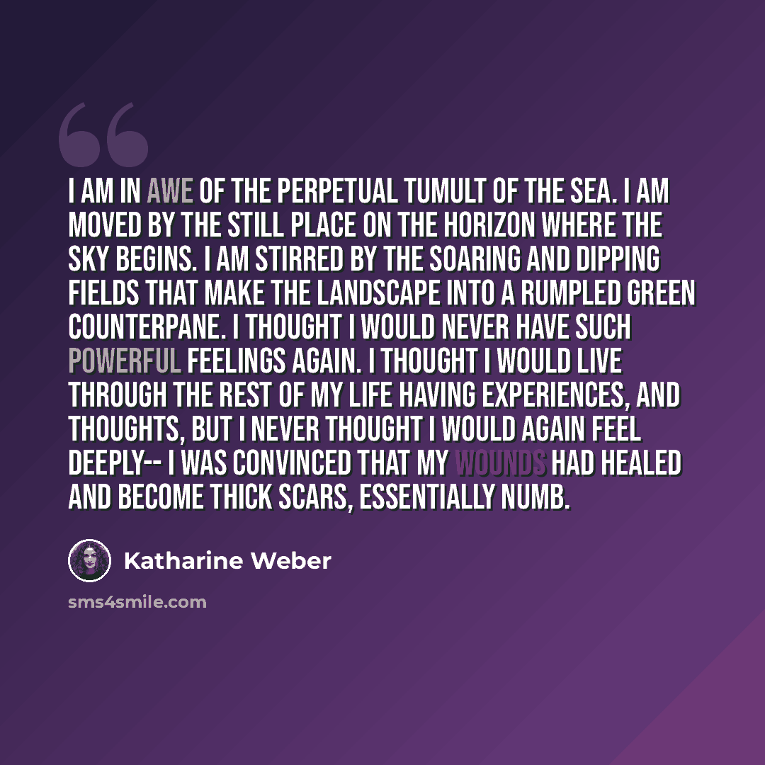 “I am in awe of the perpetual tumult of the sea. I am moved by the still place on the horizon where the sky begins. I am stirred by the soaring and dipping fields that make the landscape into a rumpled green counterpane. I thought I would never have such powerful feelings again. I thought I would…” quote by Katharine Weber