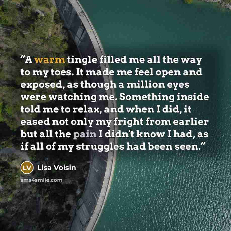 “A warm tingle filled me all the way to my toes. It made me feel open and exposed, as though a million eyes were watching me. Something inside told me to relax, and when I did, it eased not only my fright from earlier but all the pain I didn't know I had, as if all of my struggles had been seen.” quote by Lisa Voisin