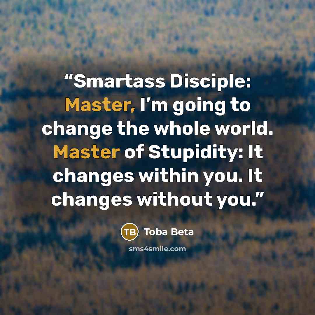 “Smartass Disciple: Master, I’m going to change the whole world. Master of Stupidity: It changes within you. It changes without you.” quote by Toba Beta