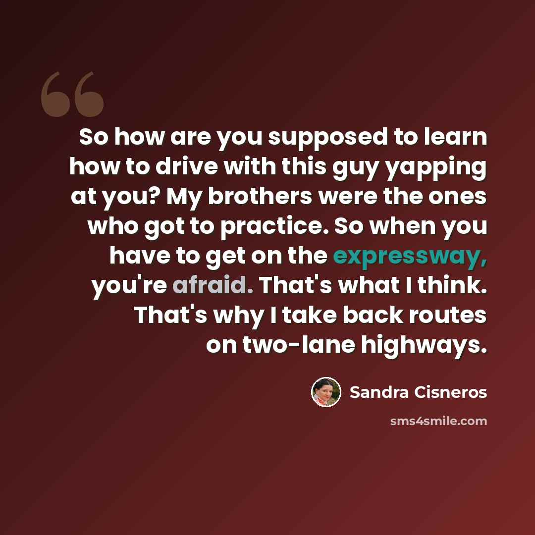 “So how are you supposed to learn how to drive with this guy yapping at you? My brothers were the ones who got to practice. So when you have to get on the expressway, you're afraid. That's what I think. That's why I take back routes on two-lane highways.” quote by Sandra Cisneros