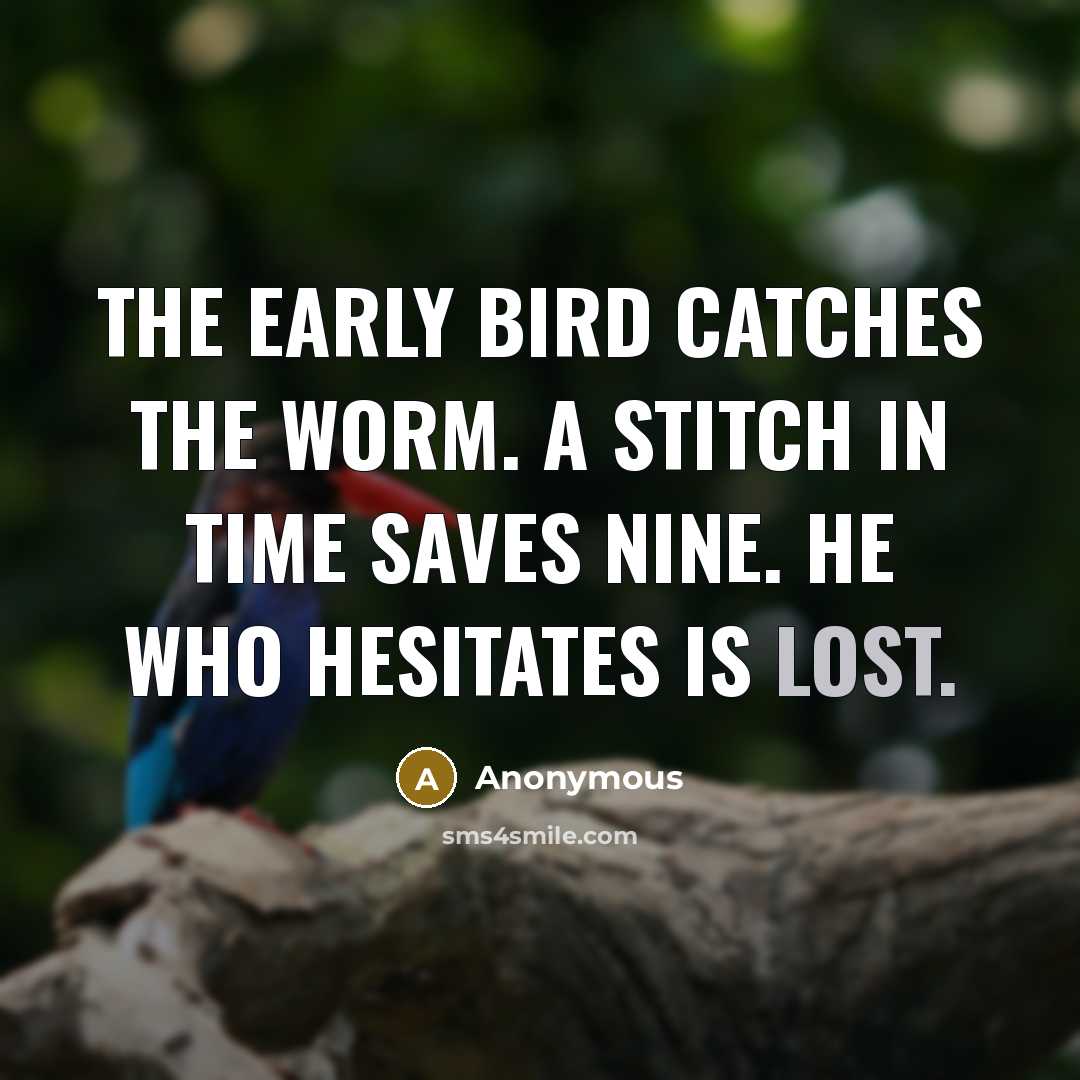“The early bird catches the worm. A stitch in time saves nine. He who hesitates is lost.” quote by Anonymous