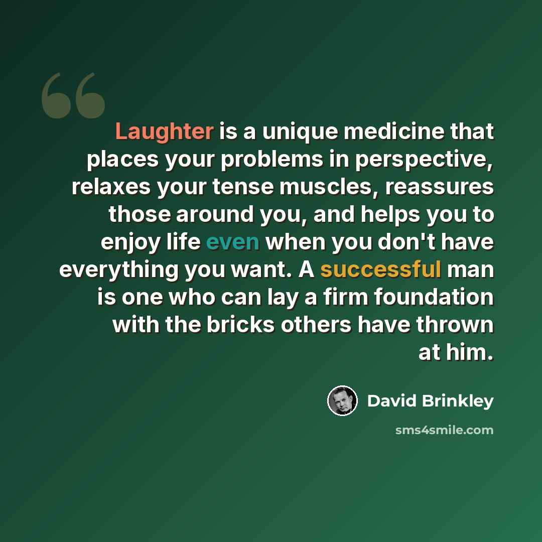 “Laughter is a unique medicine that places your problems in perspective, relaxes your tense muscles, reassures those around you, and helps you to enjoy life even when you don't have everything you want. A successful man is one who can lay a firm foundation with the bricks others have thrown at him.” quote by David Brinkley