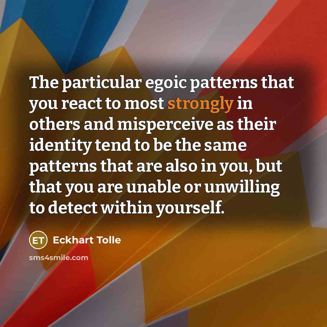 “The particular egoic patterns that you react to most strongly in others and misperceive as their identity tend to be the same patterns that are also in you, but that you are unable or unwilling to detect within yourself.” quote by Eckhart Tolle