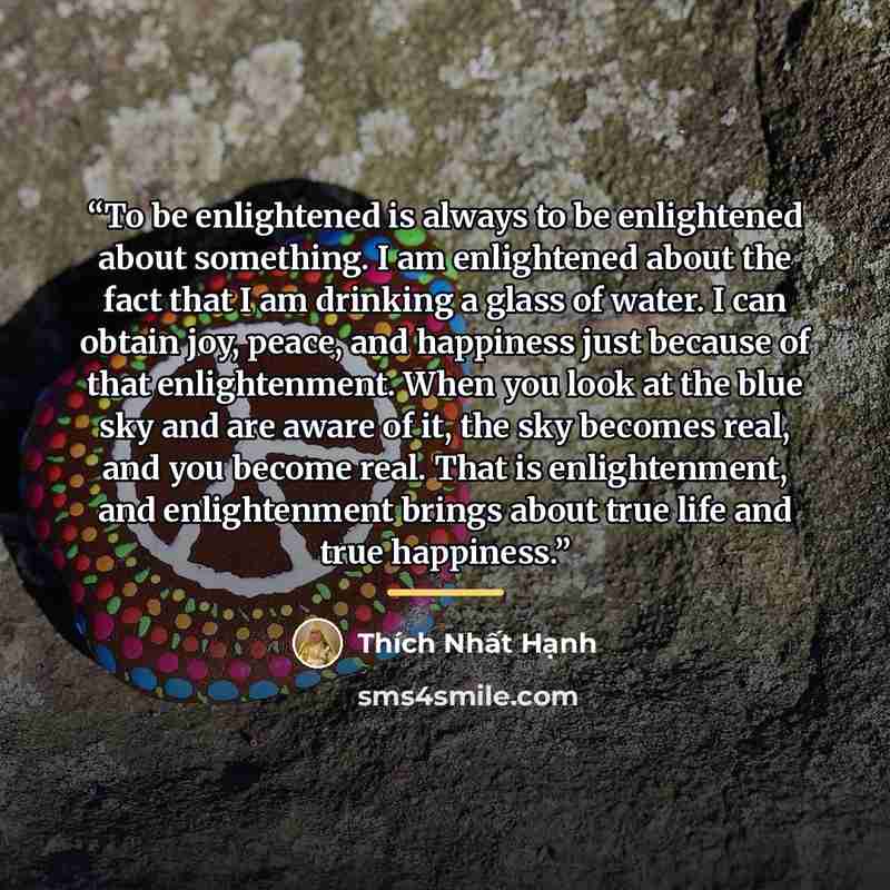 “To be enlightened is always to be enlightened about something. I am enlightened about the fact that I am drinking a glass of water. I can obtain joy, peace, and happiness just because of that enlightenment. When you look at the blue sky and are aware of it, the sky becomes real, and you become…” quote by Thích Nhất Hạnh