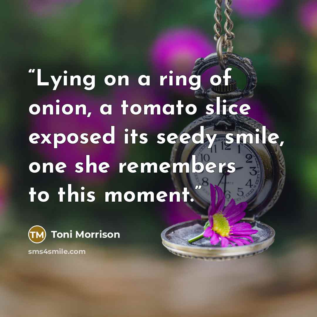 “Lying on a ring of onion, a tomato slice exposed its seedy smile, one she remembers to this moment.” quote by Toni Morrison