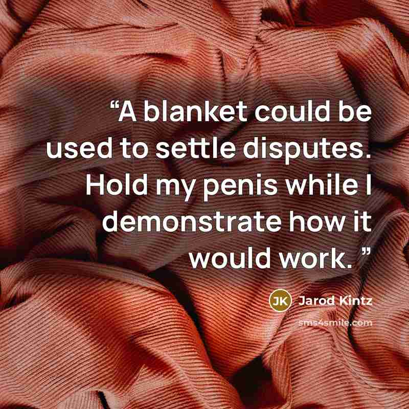 “A blanket could be used to settle disputes. Hold my penis while I demonstrate how it would work.” quote by Jarod Kintz