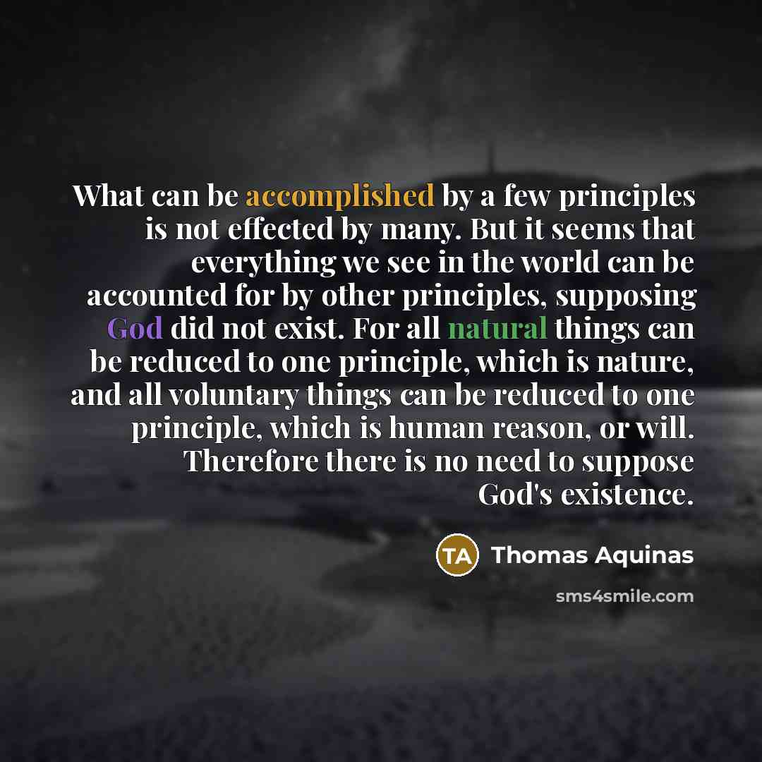 “What can be accomplished by a few principles is not effected by many. But it seems that everything we see in the world can be accounted for by other principles, supposing God did not exist. For all natural things can be reduced to one principle, which is nature, and all voluntary things can be…” quote by Thomas Aquinas