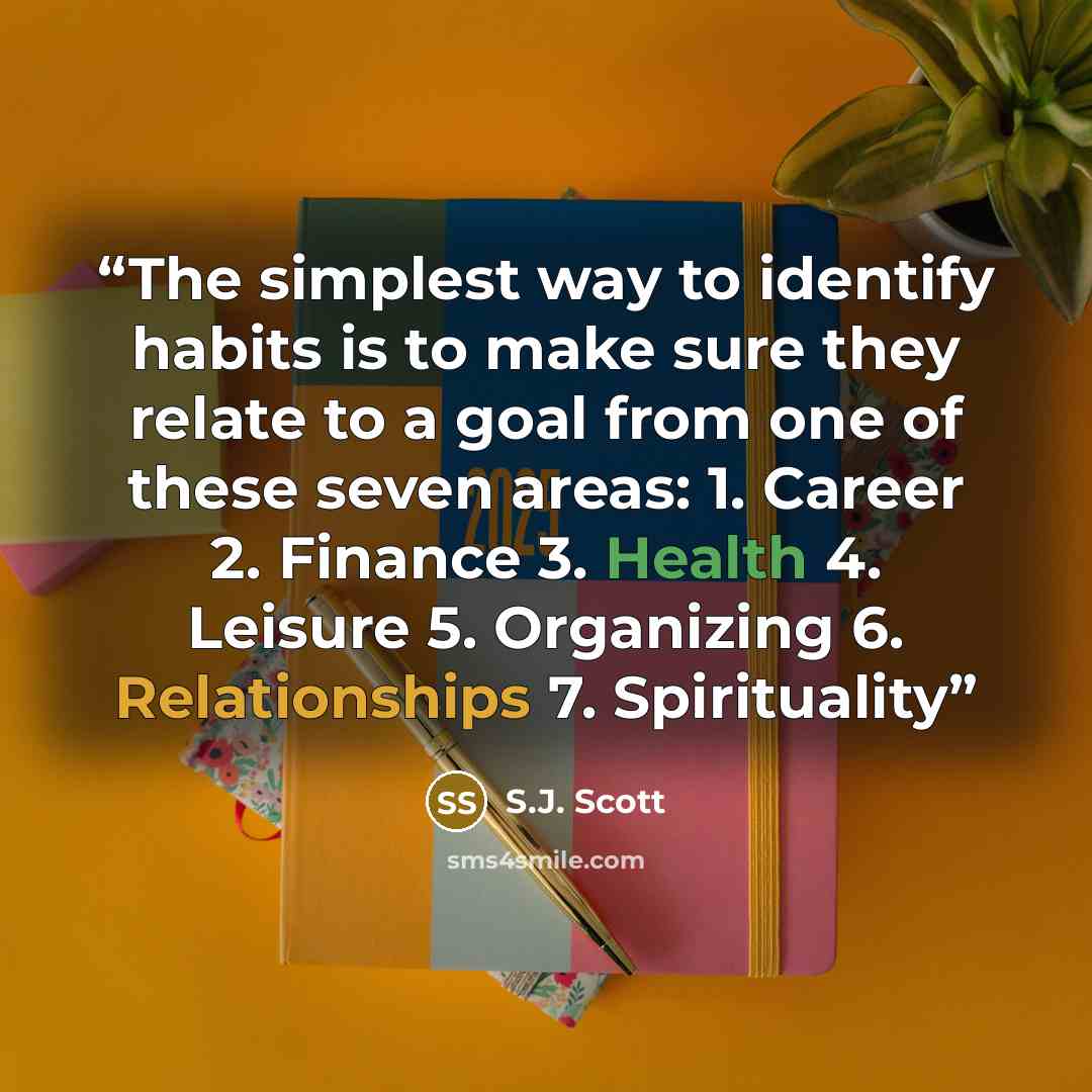 “The simplest way to identify habits is to make sure they relate to a goal from one of these seven areas: 1. Career 2. Finance 3. Health 4. Leisure 5. Organizing 6. Relationships 7. Spirituality” quote by S.J. Scott