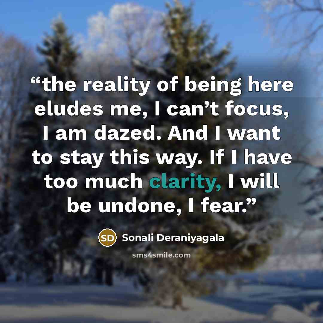 “the reality of being here eludes me, I can’t focus, I am dazed. And I want to stay this way. If I have too much clarity, I will be undone, I fear.” quote by Sonali Deraniyagala