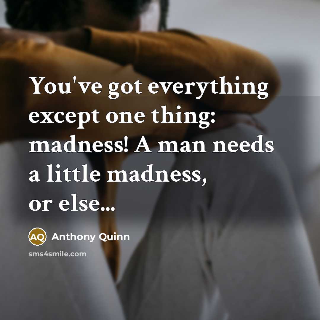 “You've got everything except one thing: madness! A man needs a little madness, or else...” quote by Anthony Quinn