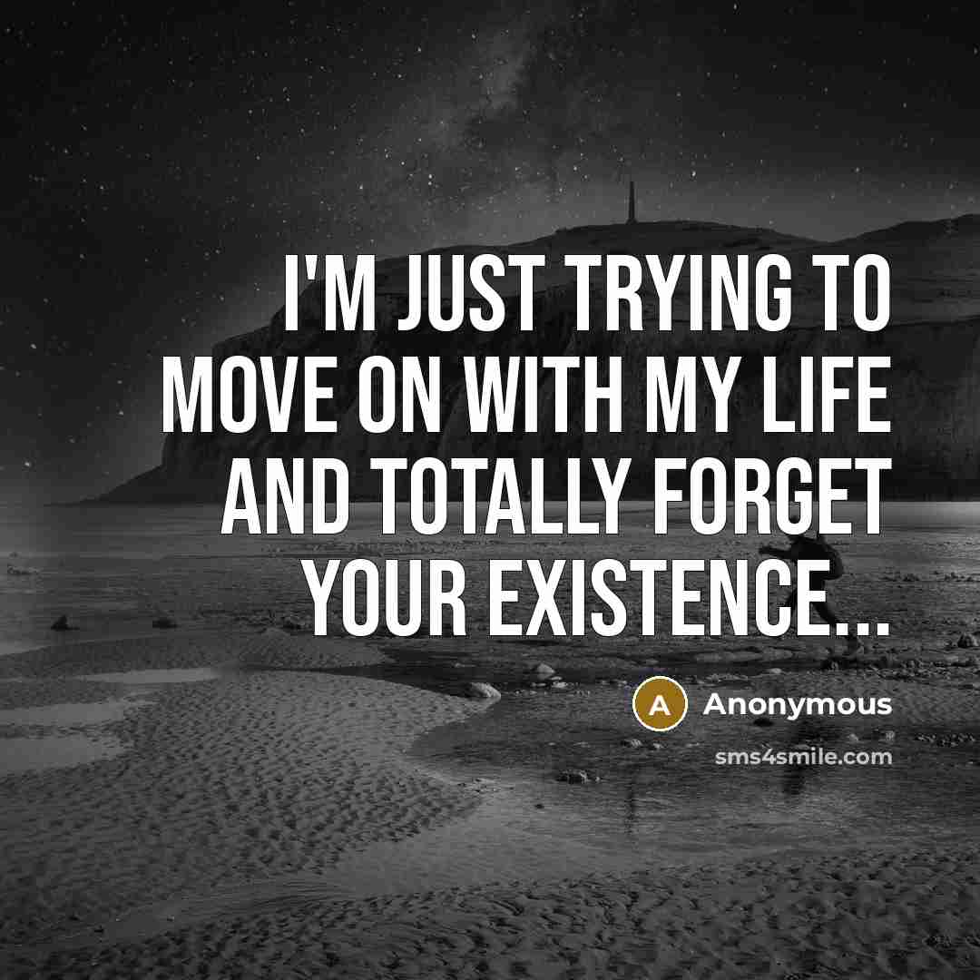 “I'm just trying to move on with my life and totally forget your existence...” quote by Anonymous
