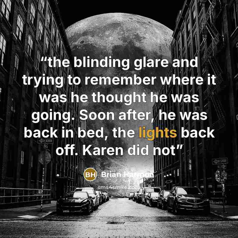 “the blinding glare and trying to remember where it was he thought he was going. Soon after, he was back in bed, the lights back off. Karen did not” quote by Brian Harmon