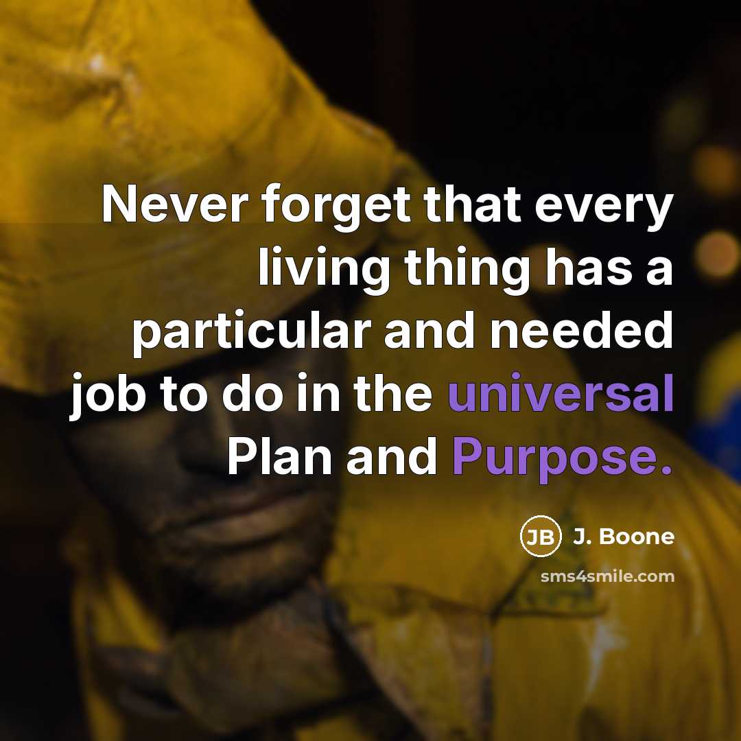 “Never forget that every living thing has a particular and needed job to do in the universal Plan and Purpose.” quote by J. Boone