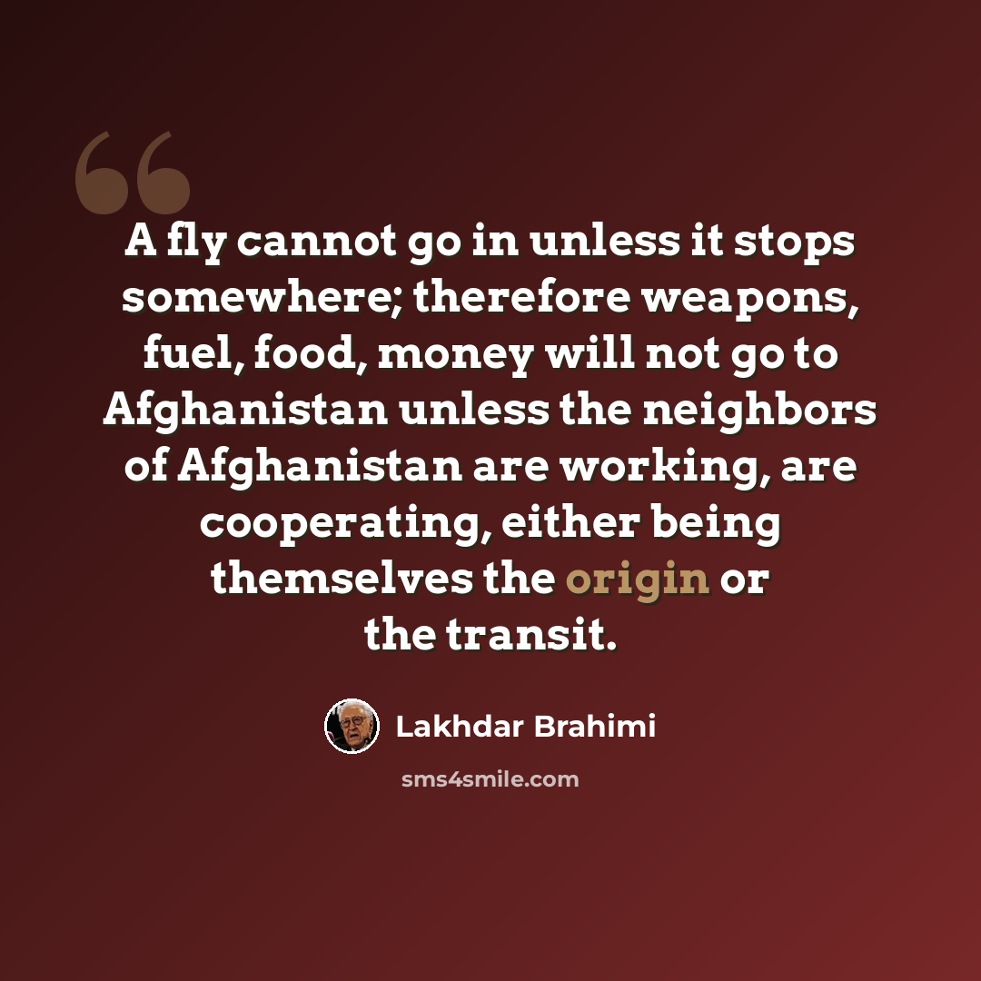 “A fly cannot go in unless it stops somewhere; therefore weapons, fuel, food, money will not go to Afghanistan unless the neighbors of Afghanistan are working, are cooperating, either being themselves the origin or the transit.” quote by Lakhdar Brahimi