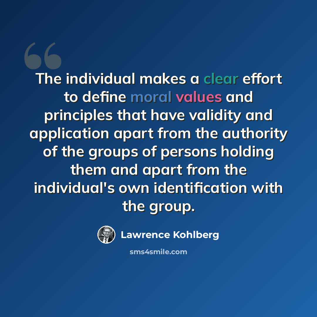 “The individual makes a clear effort to define moral values and principles that have validity and application apart from the authority of the groups of persons holding them and apart from the individual's own identification with the group.” quote by Lawrence Kohlberg