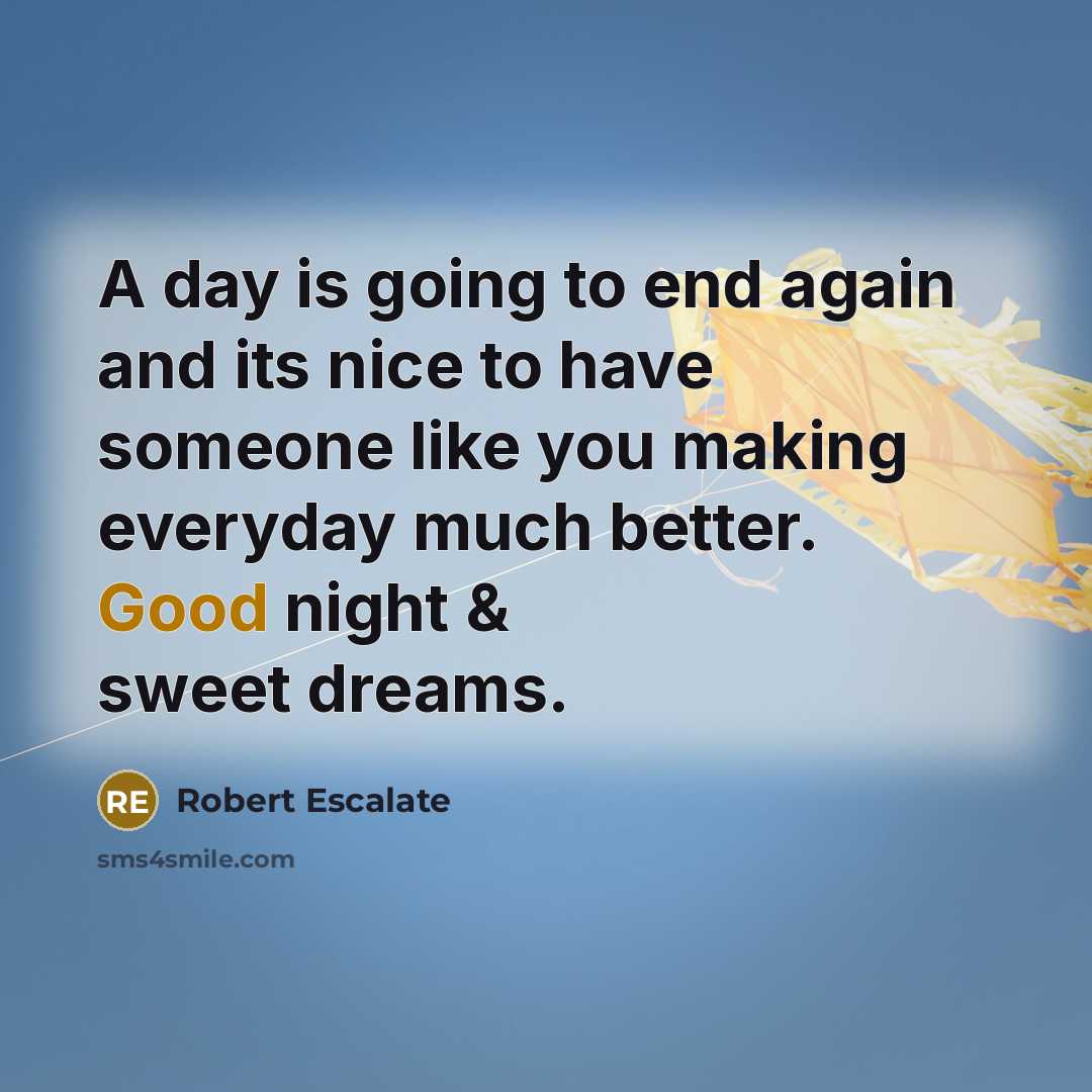 “A day is going to end again and its nice to have someone like you making everyday much better. Good night & sweet dreams.” quote by Robert Escalate