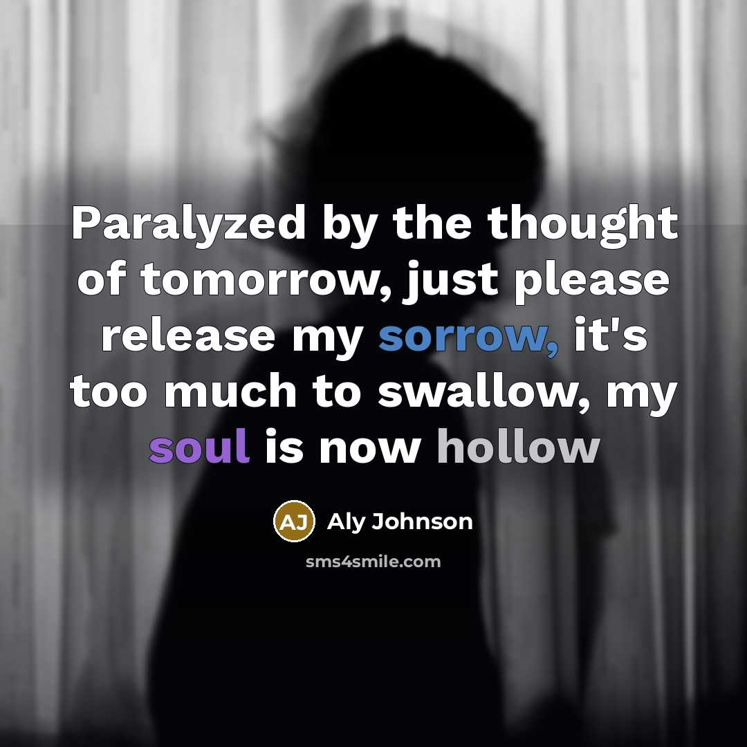 “Paralyzed by the thought of tomorrow, just please release my sorrow, it's too much to swallow, my soul is now hollow” quote by Aly Johnson