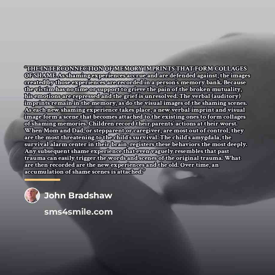 “THE INTERCONNECTION OF MEMORY IMPRINTS THAT FORM COLLAGES OF SHAME As shaming experiences accrue and are defended against, the images created by those experiences are recorded in a person’s memory bank. Because the victim has no time or support to grieve the pain of the broken mutuality, his…” quote by John Bradshaw