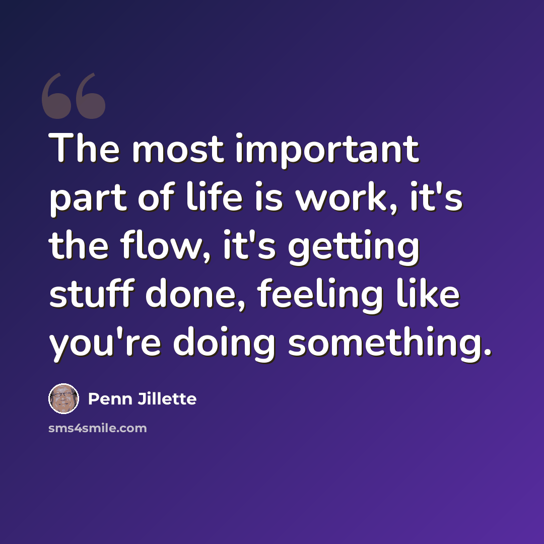 “The most important part of life is work, it's the flow, it's getting stuff done, feeling like you're doing something.” quote by Penn Jillette